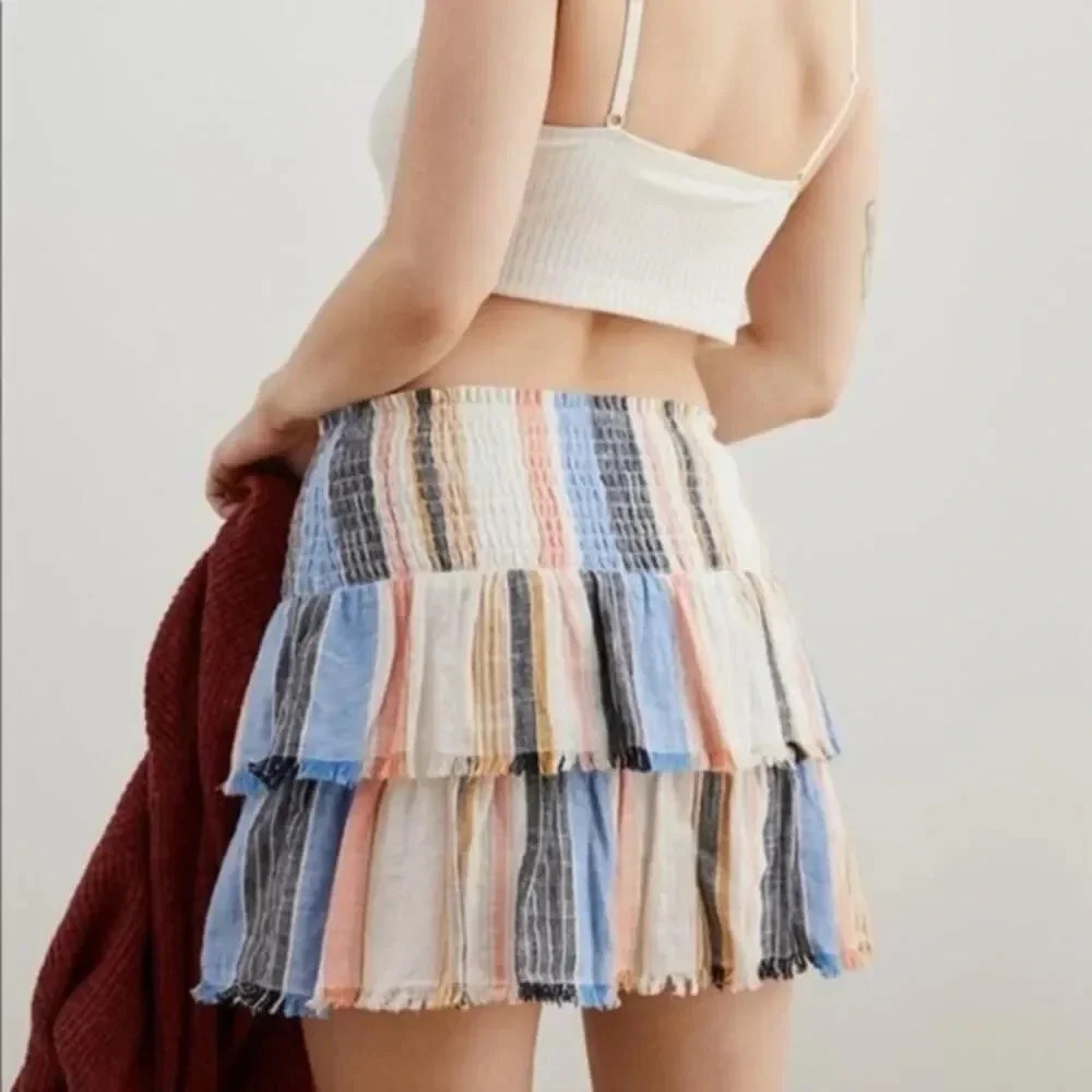 AERIE Size Small Pull On Elastic Waist Tiered Stripe Boho Mini Skirt